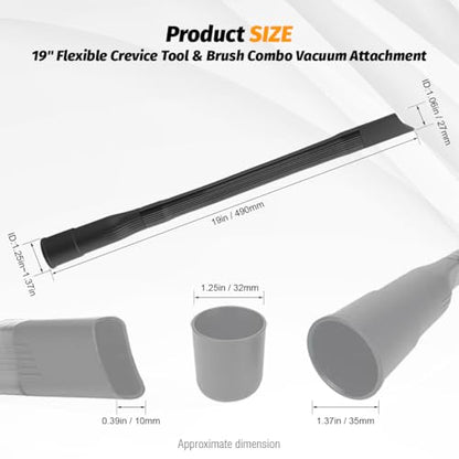 Universal 19" Flexible Crevice Tool & Brush Combo Vacuum Attachment for Car Detailing Dryer Lint Pet Hair, Fits 1-1/4" or 1-3/8 inch Connector Hoses Helps Clean Cobwebs on the ceiling Under Furniture