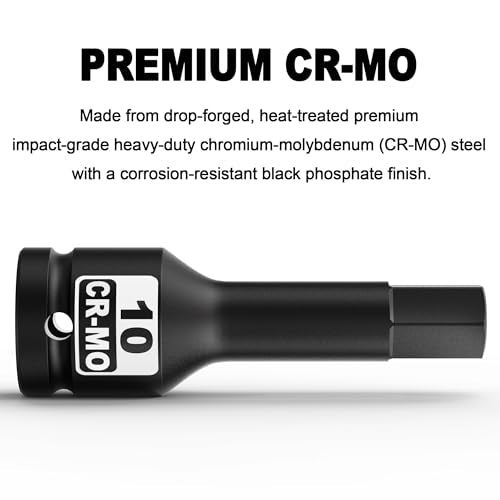 1/2" Drive 10 mm Hex Impact Bit Socket, H10 Allen Bit Socket, Metric, Cr-Mo Steel, Automotive Repair Industrial Maintenance and DIY Enthusiasts Alike - size: 1/2 Inch H10 Deep