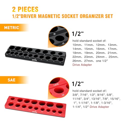 GOOACC 1/2" Magnetic Socket Organizer Set, 2 Pieces Metric & SAE Socket Drive Holders, 1/2 inch Drive Socket Organizer Trays Holds 35 Standard Sockets for Tool Box - size: 2PCS 1/2" SAE & Metric Red Black