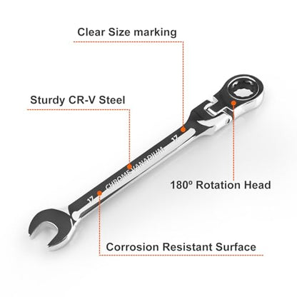 Egofine 17mm Ratchet Wrench Flex Head, Ratcheting Combination Wrench Metric, Industrial Grade Gear Spanner with 12 Point Box End, 72-Teeth Ratchet, Chrome Vanadium Steel - style: 17mm
