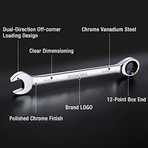 WORKPRO 7-Piece Ratcheting Combination Wrench Set, 72 Teeth, Cr-V Constructed, Combo Ratchet Wrenches Set with Roll Up Pouch, SAE 5/16"-11/16" - size: SAE