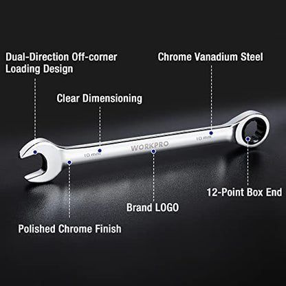 WORKPRO 7-Piece Ratcheting Combination Wrench Set, 72 Teeth, Cr-V Constructed, Combo Ratchet Wrenches Set with Roll Up Pouch, Metric 8mm-17mm - size: Metric