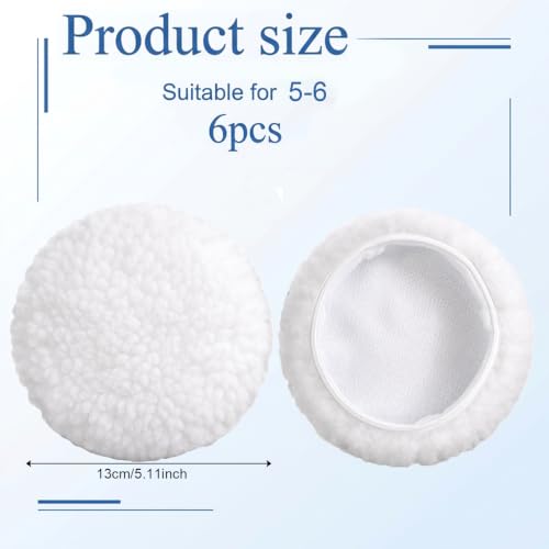 6-Pack 5 to 6 Inch Car Polishing Bonnets, Synthetic Fleece Buffing Pads for Dual Action Orbital Buffer, Soft Waxing & Detailing Bonnet Pads for 5"- 6" Polishers (White)