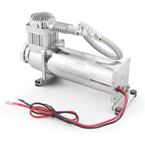 200PSI Air Ride Suspension Compressor with 1/4 NPT Hose Kit,Heavy Duty 12V 480C Air Compressor Pump for Train Horn & Air Bag Suspension, Chrome Silver Fit for Truck & Car