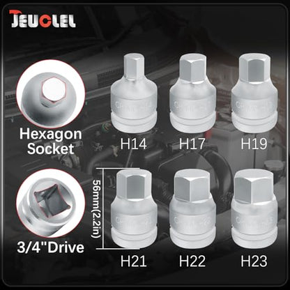 6PCS 3/4"Drive Hex Allen Bit Socket set, Cr-MO H14 H17 H19 H21 H22 H23 Drive Impact Hex Socket Kit, Hex Screwdriver Socket Adapter, Hand Repair Remover Tool - size: 6PCS | Multi-Size Set