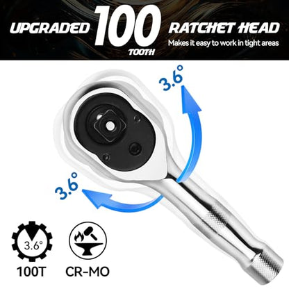 DISEN 3-Piece Stubby Ratchet Set – 1/4", 3/8", 1/2" Drive | 100-Tooth Ratchet with EVA Storage Tray | Quick Release Button | Non-Slip Grip | Reversible 3.6° Design for Tight Spaces, Chrome Finish - size: 1/4''+3/8''+1/2'' Set, style: 100T Stubby Ratchet S