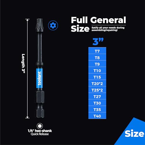 toolant 3" Impact Torx Bit Set 13pcs (TT7-TT40), 1/4 Hex-Shank S2 Steel Security Torx Bit Set, Tamper Proof Star Bit Set with CNC Machined Tips, 3" Long with Magnetic Impact Bit Holder and Storage Box - size: 13pcs*3"