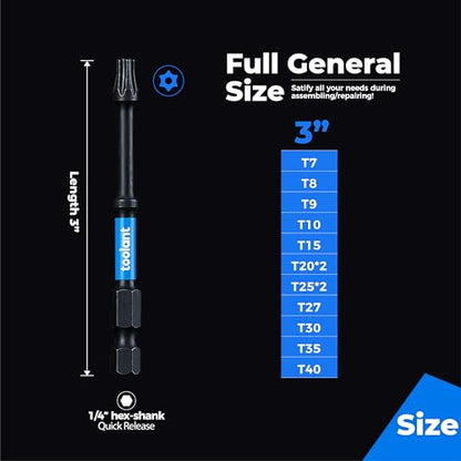 toolant 3" Impact Torx Bit Set 13pcs (TT7-TT40), 1/4 Hex-Shank S2 Steel Security Torx Bit Set, Tamper Proof Star Bit Set with CNC Machined Tips, 3" Long with Magnetic Impact Bit Holder and Storage Box - size: 13pcs*3"