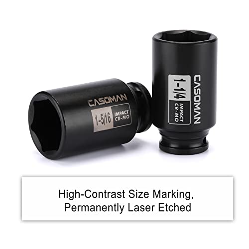 CASOMAN 1/2-Inch Drive Deep Spindle Axle Nut Impact Socket Set, 6 Point, CR-MO, SAE, 1" to 1-1/2", 8-Piece 1/2" Dr. Deep Impact Socket Set - size: 1/2" Dr. 8pcs (1" - 1-1/2")
