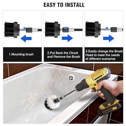 8 Pcs Drill Brush Attachment Set, Power Cleaning Scrub Brush Kit with Extend Long Attachment, All Purpose Drill Scrub Brushes for Car, Grout, Floor, Tub, Bathroom and Kitchen (Black) - color: Black