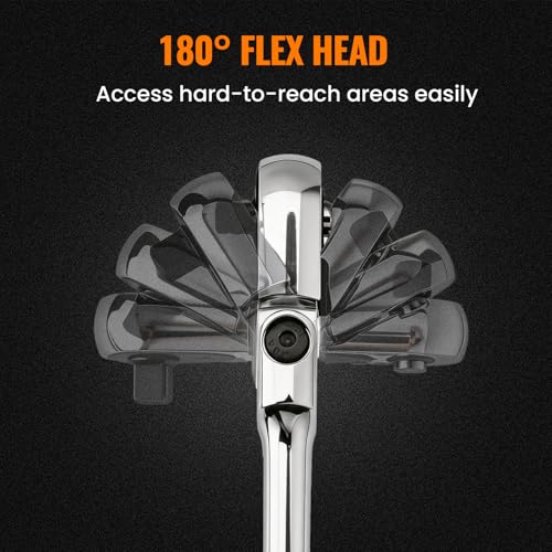 Flex Head 1/2" Drive Ratchet Wrench, 90T Long Handle Ratchet, Quick-Release Reversible with Cr-Mo Head and 5" Extension Bar for High Torque & Tight Spaces - size: 1/2"
