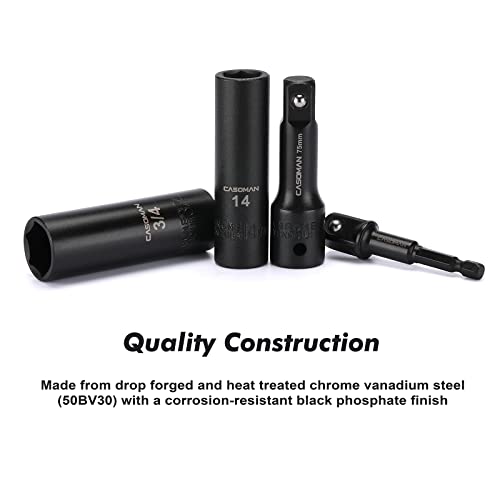 CASOMAN 25PCS 1/2" Drive Impact Socket Set, Deep, Cr-V Steel, 6 Point, Metric&SAE, 12mm to 24mm, 3/8 Inch to 1 Inch, Includes Extension Bars: 3-inch, 5-inch, 1/2-1/4 adapter - size: 1/2"Drive 25pcs Impact Socket Set