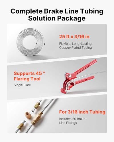 VEVOR 3/16" Brake Line Repair Kit, 45° Single Brake Line Flaring Tool Kit, 25FT Copper-Coated Brake Line with 20 Fittings & 2 Unions, 3-in-1 Tube Bender (1/4", 5/16", 3/8"), Tube Cutter Included - size: 3/16"-5/8"