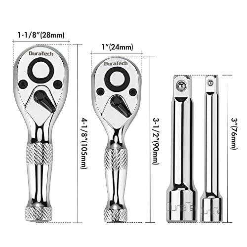 DURATECH Stubby Ratchet Set, 1/4-Inch and 3/8-Inch Ratchets with 2 Extension Bars, 4-piece, 72-T Reversible Quick-Release Head, Chrome Plated Finish and Full Polish - style: 1/4" & 3/8" Single Head Ratchets + Extension Bars