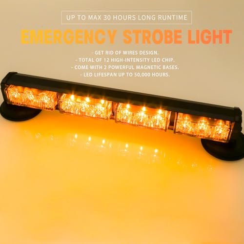 14.8" Amber Battery Powered Emergency Strobe Lights Bar for Truck Vehicle Trailer Rechargeable Roadside Wireless Rooftop Mini Hazard Flashing LED Beacon Warning Light w/Magnetic Base - color: #02 Amber/Amber/Amber/Amber