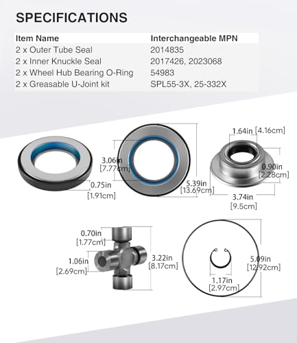 Front Axle Seal U Joint Kit & Inner Knuckle Oil Seals & Outer Tube Seals & Hub O-Rings for 2005-19 Ford Super Duty F250 F350 F450 F550 Dana 60, 2014835, 2023068, 2017426, 54983, SPL55-3X, 25-332X - size: for 2005-2019 Ford F250 F350 F450 F550