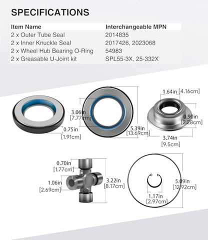 Front Axle Seal U Joint Kit & Inner Knuckle Oil Seals & Outer Tube Seals & Hub O-Rings for 2005-19 Ford Super Duty F250 F350 F450 F550 Dana 60, 2014835, 2023068, 2017426, 54983, SPL55-3X, 25-332X - size: for 2005-2019 Ford F250 F350 F450 F550