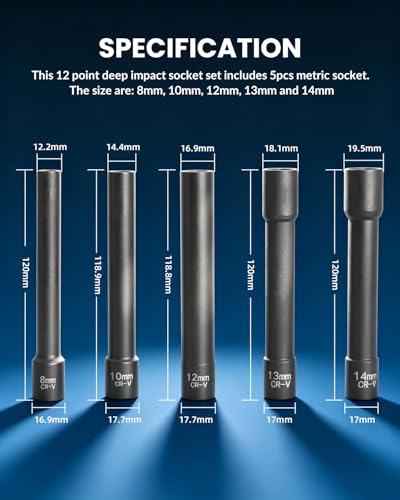 DPTOOL 5pcs 3/8in Drive Metric Extra Deep Socket Kit 12 Point | 120mm Deep Cylinder Head Bolt CR-V Socket Set Rear Bumper Removal Installer Tool for Benz BMW 8mm 10mm 12mm 13mm 14mm