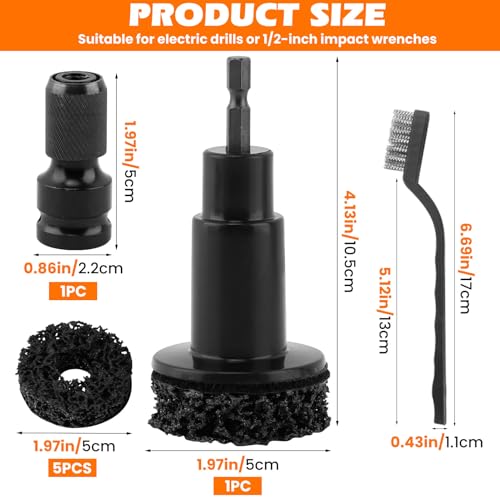Wheel Hub Cleaning & Resurfacing Tool, Brake Hub Cleaning Kit for Power Drill & 1/2" Impact Wrench, Automotive Rust Removal Tool with 6 Brush Heads and Wire Brush for Brake Rotors, Hubs & Bolts