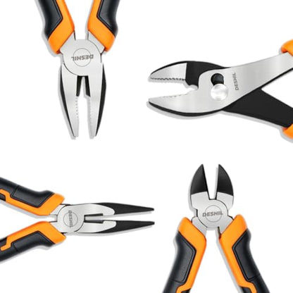 DESHIL 4-Piece Carbon Steel Pliers Set, 8-Inch Slip-Joint, 7-Inch Lineman's, 6-Inch Needle-Nose and 6-Inch Diagonal-Cutting Pliers with Non-Slip Handles for DIY, Automotive and Home Repairs