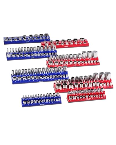 VEVOR Magnetic Socket Organizer Set, 8PCS Socket Holder, 1/4'', 3/8'' & 1/2'' Metric SAE Socket Trays with Clear Labels, Hold up to 199PCS Standard & Deep Sockets, Blaue & Red (Sockets Not Included) - style: 8pcs Metric & SAE