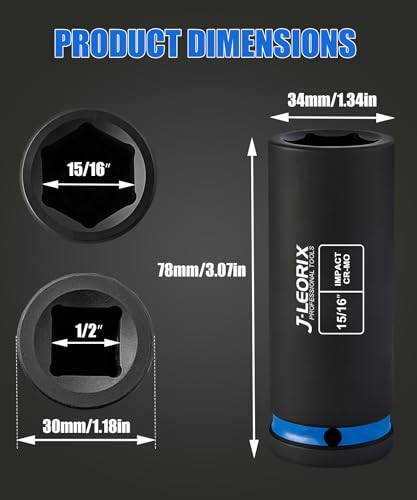 15/16in (23.81mm) Impact Socket 1/2" Drive CR-MO Steel 6-Pt | CR-MO steel impact socket set. 1/2" drive, 6-point design. Deep reach for lug nuts & axle nuts. - size: 15/16in (23.81mm SAE)