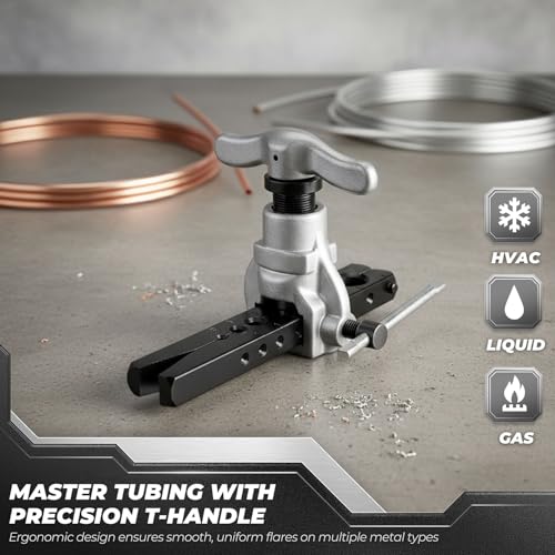 Flexzion 45° Eccentric Copper Pipe Flaring Tool Kit for HVAC Mini Splits | Tube flaring tool covers 7 OD sizes, 3/16 to 3/4 in, for copper, brass, aluminum, mild steel, and single-flare brake lines