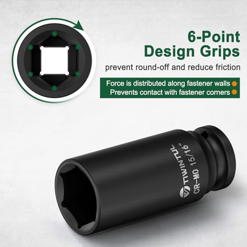 15/16" Deep Impact Socket 1/2" Drive for Lug Nuts, Brake Caliper | CR-MO Steel Impact Socket, 3.07" Length, 6 Point, SAE Size Socket for Automotive and Agricultural & Construction Equipment - size: 15/16" (Deep)