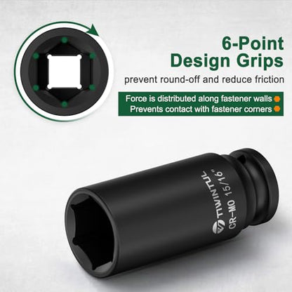 15/16" Deep Impact Socket 1/2" Drive for Lug Nuts, Brake Caliper | CR-MO Steel Impact Socket, 3.07" Length, 6 Point, SAE Size Socket for Automotive and Agricultural & Construction Equipment - size: 15/16" (Deep)