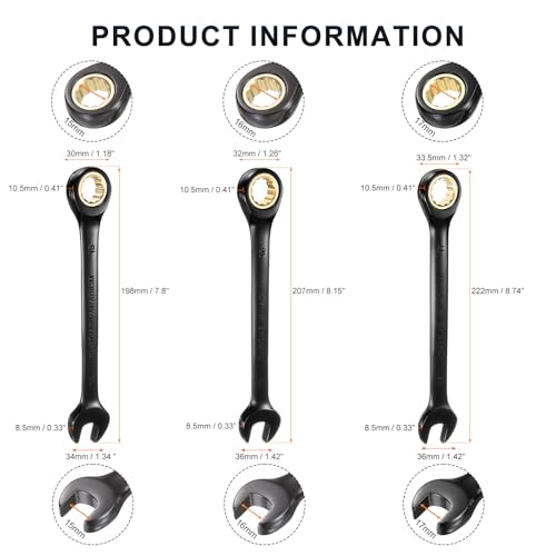 HARFINGTON 3Pcs Ratcheting Wrench Set 15-17mm Metric Open End Wrench 72-Teeth CR-V Steel 12 Point Nickel Plated Combination Ratchet Wrench for Fasteners Nut Bolt - size: 15mm/16mm/17mm