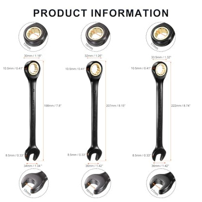 HARFINGTON 3Pcs Ratcheting Wrench Set 15-17mm Metric Open End Wrench 72-Teeth CR-V Steel 12 Point Nickel Plated Combination Ratchet Wrench for Fasteners Nut Bolt - size: 15mm/16mm/17mm