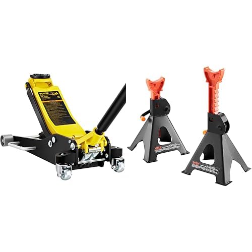 VEVOR 3 Ton Low Profile, Aluminum and Steel Racing Floor Jack + Jack Stands, 3 Ton (6,000 lbs) Capacity Car Jack Stands