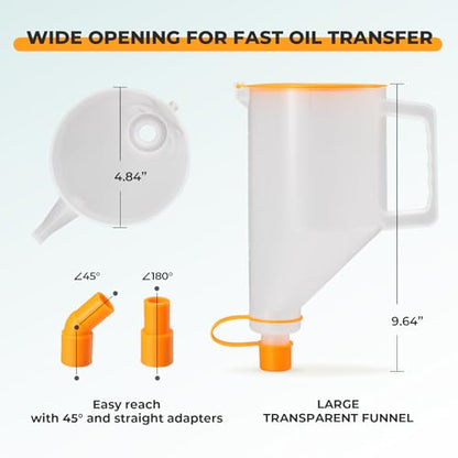 FOUR UNCLES 1.5L Oil Funnel Kit, Universal No-Spill Engine Oil Funnel with 14 Adapters Fits for Most Cars, Trucks & SUVs, Hands-Free Operation and Transparent Monitoring