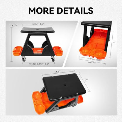 Auto Dynasty Steel Mechanic Tool Rolling Seat with Tool Tray Max 200 Lbs for Household Home Garage Warehouse Office, Orange