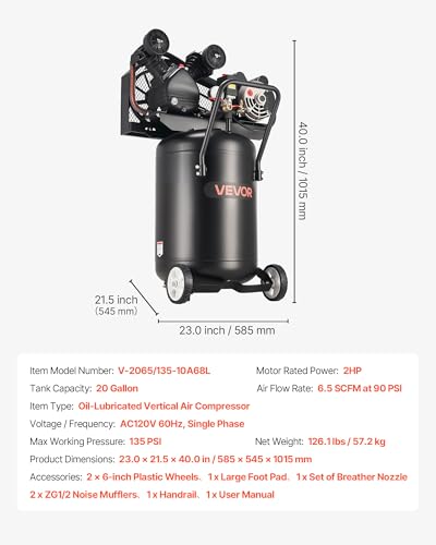 VEVOR 20 Gallons Air Compressor, 2HP 6.5SCFM at 90PSI, Max 135PSI Pressure Oil-Lubricated Air Compressor Tank,Portable on Wheels for Auto Repair,Tire Inflation,Spray Painting,Woodwork Nailing,120V - size: 20-Gallon 135PSI