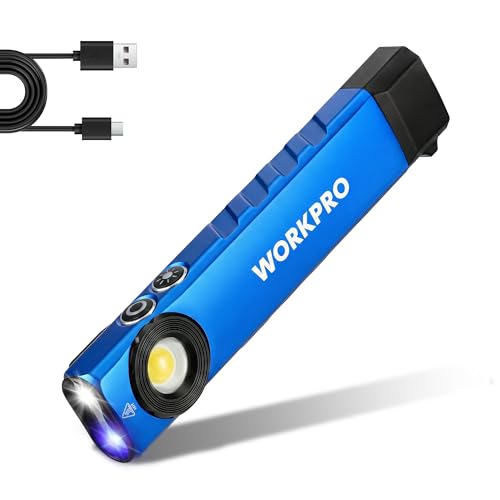 WORKPRO Rechargeable Work Light, 600 Lumens Flat Pocket Flashlight with UV Light, Magnetic Base & Clip, Slim LED EDC Flashlight for Garage, Camping, Home, and Emergencies - color: Blue