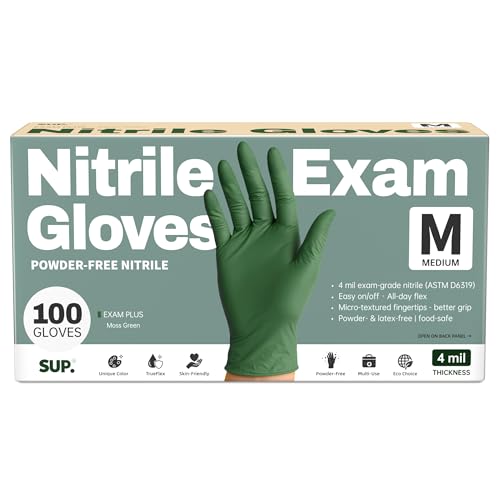 SUP Powder-Free Nitrile Exam Gloves, 100 Count Food Safe Latex-Free Disposable Gloves for Medical Lab Cooking Cleaning, Green - color: Medium (Moss Green)