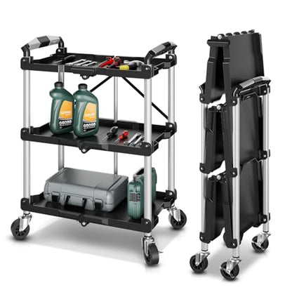 Auto Dynasty 3-Tier Folding Utility Cart with Wheels Lockable, 265LB Heavy Duty Collapsible Service Cart Foldable Rolling Carts for Home, Garage, Warehouses, Restaurants, Workshops - style: Foldable Cart