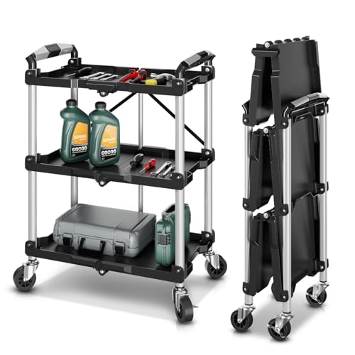 Auto Dynasty 3-Tier Folding Utility Cart with Wheels Lockable, 265LB Heavy Duty Collapsible Service Cart Foldable Rolling Carts for Home, Garage, Warehouses, Restaurants, Workshops - style: Foldable Cart