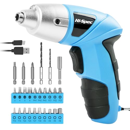 Hi-Spec Small Electric Screwdriver, Mini Drill Set, Rechargeable 3.6V Cordless Screwdriver with 26 Driver Bits, Power Tool for Small Projects & Home Use, Blue - color: Blue