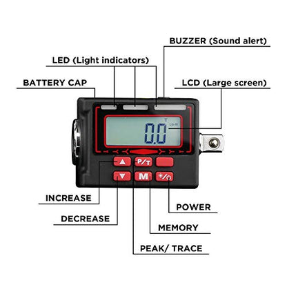 K552 Digital Torque Adapter, 3/8-Inch 5 to 100 ft·lbs, Buzzer/LED Flash Notification, Dual Direction - size: 5-100 ft·lbs