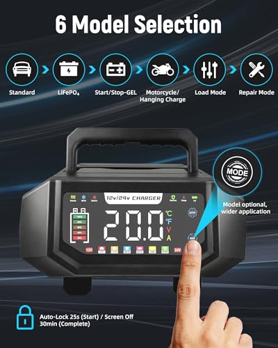 1-20A Smart Battery Charger, 12V/24V Automatic Automotive Battery Maintainer & Desulfator with Temperature Compensation, Adjustable Amp Trickle Charger for Lead-Acid, AGM, Gel, LiFePO4 - color: Yellow