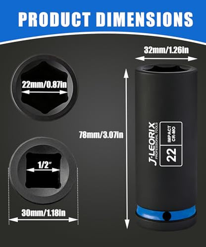 22mm Deep Impact Socket 1/2" Drive CR-MO Steel 6-Point | CR-MO steel impact socket set. 1/2" drive, 6-point design. Deep reach for lug nuts & axle nuts. - size: 22mm