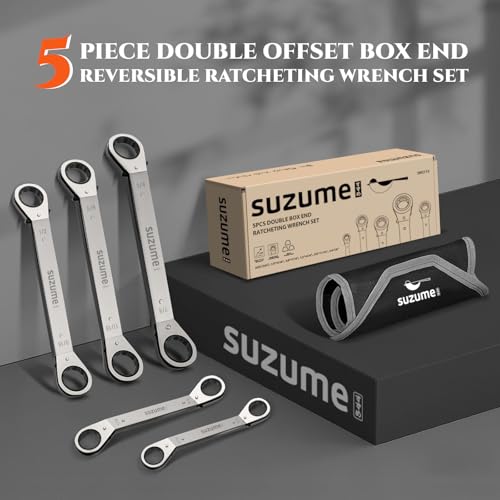 SUZUME 5PCS Offset Box End Reversible Ratcheting Wrench Set SAE (1/4"-7/8") Offset 25° Ratchet Wrenches Set for Auto Repair Engine Narrow Spaces with Rolling Pouch - size: SAE