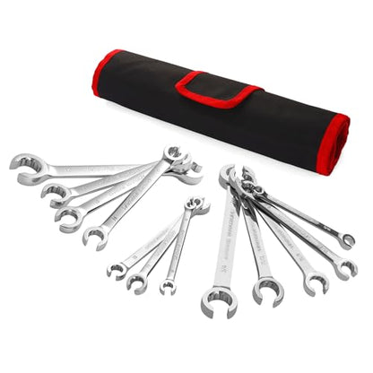 BILITOOLS 12-Piece Flare Nut Wrench Set, SAE & Metric, 6-21mm | Chrome Vanadium Steel, 12-Point Grip, SAE 1/4"-7/8", Metric 6-21mm, Includes Storage Pouch