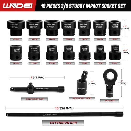 LLNDEI 3/8" Drive Stubby Impact Socket Set Metric 6-19mm, 19-Piece Cr-Mo Nano Socket Set with 2 Extension Bars (6" & 15"), Universal Joint & Ratchet Wrench for Tight Space Access