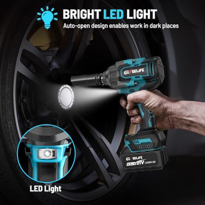 GEVEELIFE 1200N.m (900Ft-lbs) Brushless Impact Wrench, 1/2" Cordless Impact Driver with 2x 4.0Ah Battery, Fast Charger & 5 Sockets, High Torque, Electric Impact Gun for Car/Truck/RV/Mower