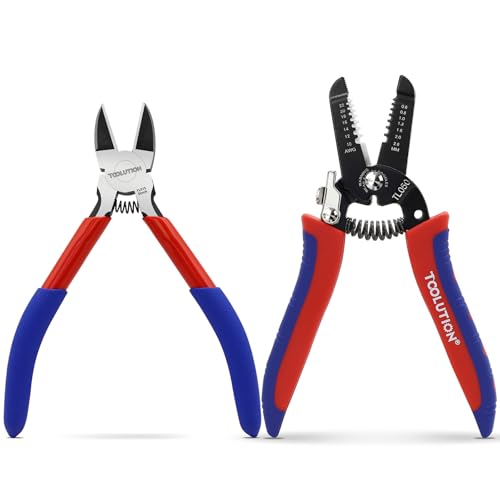 2-Piece Electrician's Pliers Set Professional Wire Stripping Tool | 7" Wire Stripper & 5" Flush Cutter Spring-Loaded Design & Non-Slip Grip for Electrical Work, DIY, Crafting - color: Wire Cutter+wire Stripper