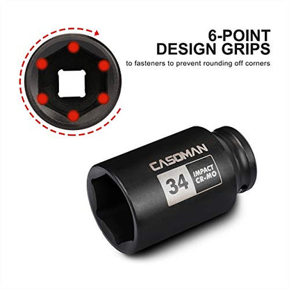 CASOMAN 1/2" Drive x 34 mm Deep 6 PT Impact Socket, CR-MO, 1/2-inch Drive 6 Point Axle Nut Socket for Easy Removal of Axle Shaft Nuts (34MM) - size: 34 mm (Deep), style: 6-Point Socket