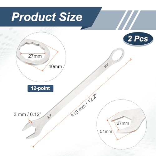 HARFINGTON 2Pcs Super Thin Combination Wrench 27mm Metric 12-Point Box and Open End Stainless Steel Double Ended Spanner Tool for Automotive Pipe Furniture Machinery DIY Repair, Silver - size: 27mm